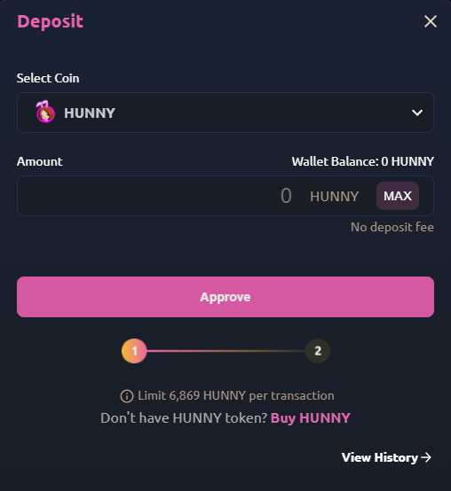 HunnyPlay - Deposit Select Coin and Approve